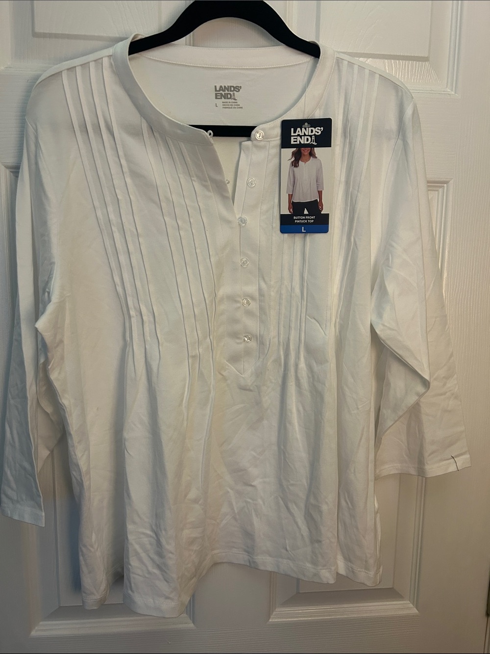 Lands' End White Pintuck Henley Shirt